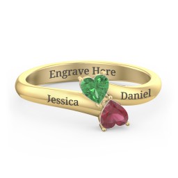 Inverted Twin Heart Ring in 10K Solid Yellow Gold with Emerald and Ruby