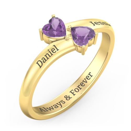 Inverted Twin Heart Ring – 18K Gold Plated Silver with Amethyst
