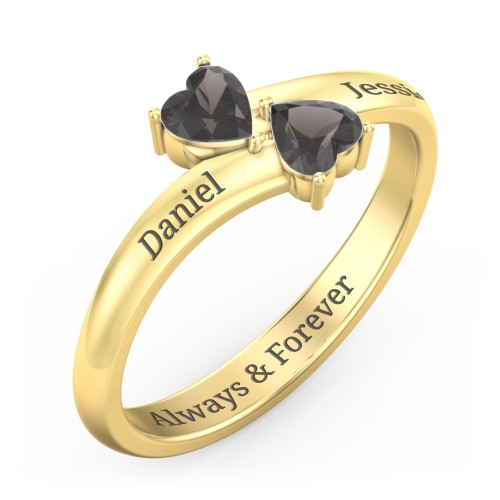 Inverted Twin Heart Ring – 18K Gold Plated Silver with Smokey Quartz