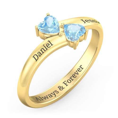 Inverted Twin Heart Ring – 18K Gold Plated Silver with Blue Topaz