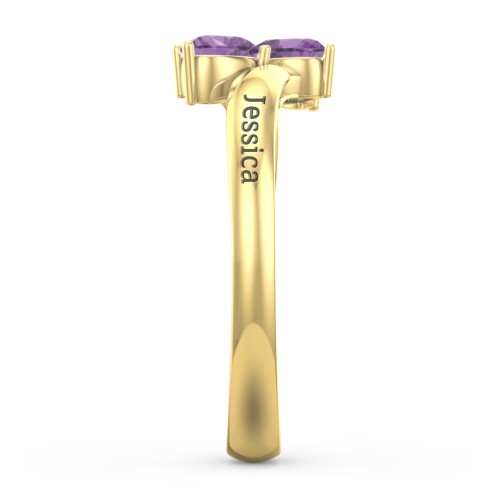 Inverted Twin Heart Ring – 18K Gold Plated Silver with Amethyst