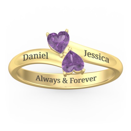 Inverted Twin Heart Ring – 18K Gold Plated Silver with Amethyst