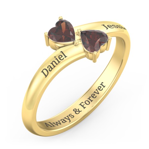 Inverted Twin Heart Ring – 18K Gold Plated Silver with Garnet