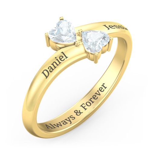 Inverted Twin Heart Ring – 18K Gold Plated Silver with Aquamarine