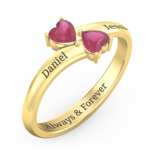Inverted Twin Heart Ring – 18K Gold Plated Silver with Ruby