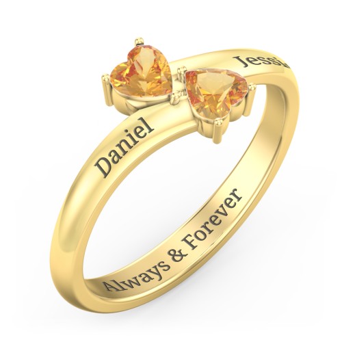 Inverted Twin Heart Ring – 18K Gold Plated Silver with Citrine
