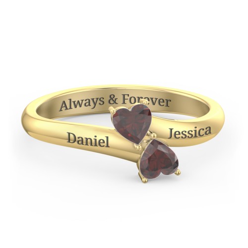 Inverted Twin Heart Ring – 18K Gold Plated Silver with Garnet