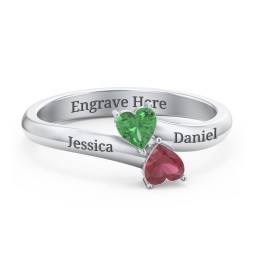 Inverted Twin Heart Ring in 925 Sterling Silver with Emerald and Ruby