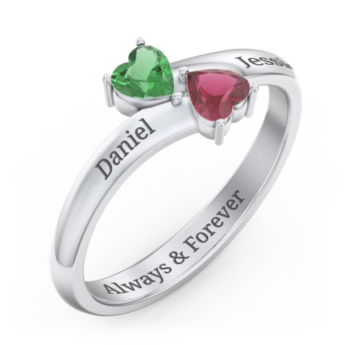 Inverted Twin Heart Ring – Sterling Silver with Emerald and Ruby