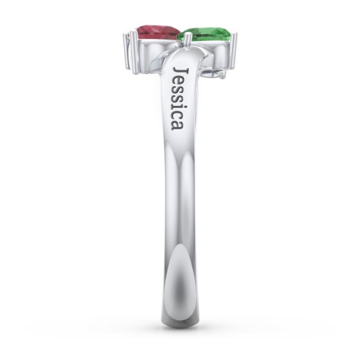 Inverted Twin Heart Ring – Sterling Silver with Emerald and Ruby