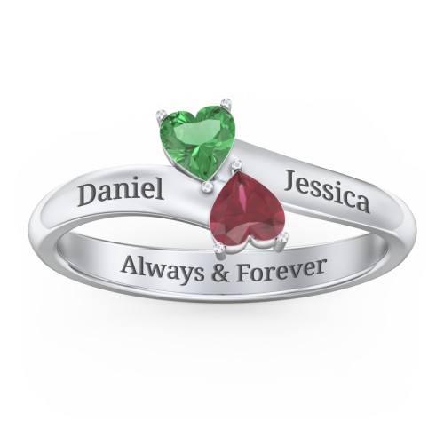 Inverted Twin Heart Ring – Sterling Silver with Emerald and Ruby