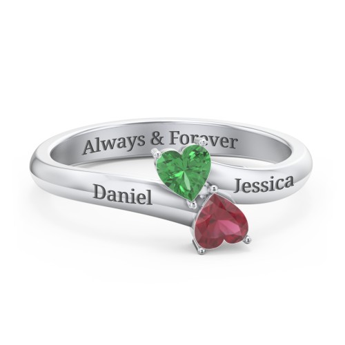 Inverted Twin Heart Ring – Sterling Silver with Emerald and Ruby