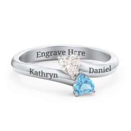 Inverted Twin Heart Ring in 10K Solid White Gold with Cubic Zirconia and Blue Topaz