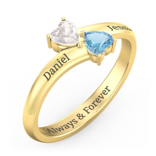 Inverted Twin Heart Ring – 10K Yellow Gold with Cubic Zirconia and Blue Topaz