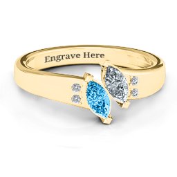 Twin Marquises and Accent Ring in 14K Solid Yellow Gold with Blue Topaz and Cubic Zirconia