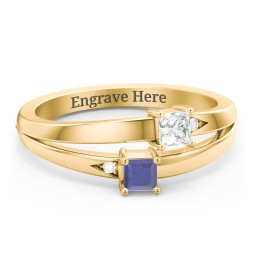 Two Stone Split Band Ring with Accents in 14K Solid Yellow Gold with Cubic Zirconia and Blue Sapphire