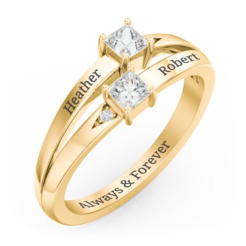 Two Stone Split Band Ring with Accents – 10K Yellow Gold with Cubic Zirconia