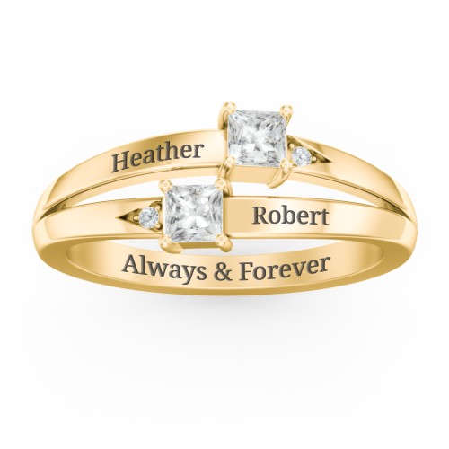 Two Stone Split Band Ring with Accents – 10K Yellow Gold with Cubic Zirconia