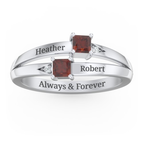 Two Stone Split Band Ring with Accents – Sterling Silver with Garnet and Cubic Zirconia