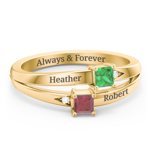 Two Stone Split Band Ring with Accents – 10K Yellow Gold with Emerald, Ruby, and Cubic Zirconia