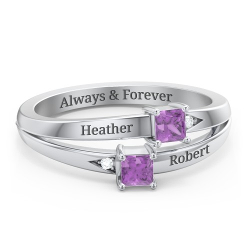 Two Stone Split Band Ring with Accents – Sterling Silver with Amethyst and Cubic Zirconia
