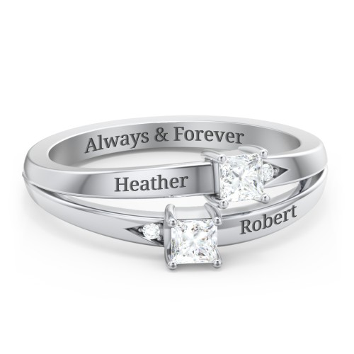 Two Stone Split Band Ring with Accents – Sterling Silver with Diamond and Cubic Zirconia