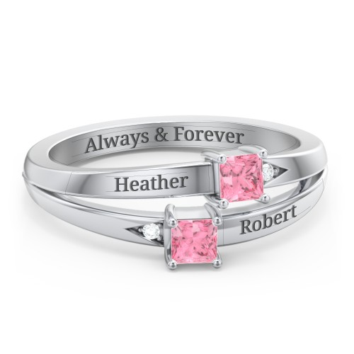 Two Stone Split Band Ring with Accents – Sterling Silver with Pink Tourmaline and Cubic Zirconia