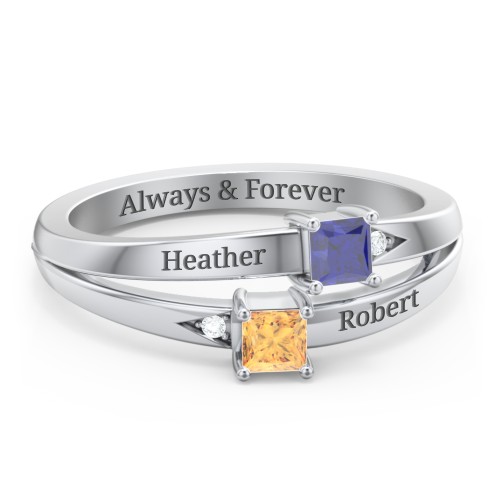 Two Stone Split Band Ring with Accents – Sterling Silver with Blue Sapphire, Citrine, and Cubic Zirconia