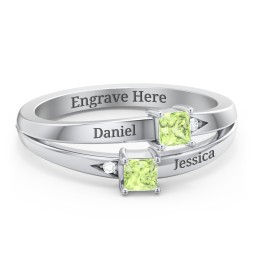 Two Stone Split Band Ring with Accents in 925 Sterling Silver with Diamond and Peridot