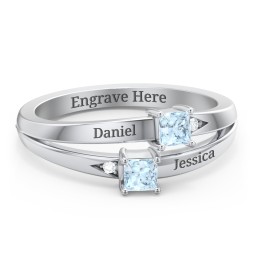 Two Stone Split Band Ring with Accents in 925 Sterling Silver with Aquamarine
