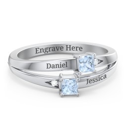 Two Stone Split Band Ring with Accents in 925 Sterling Silver with Aquamarine