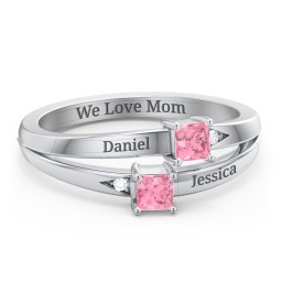 Two Stone Split Band Ring with Accents in 925 Sterling Silver with Pink Tourmaline