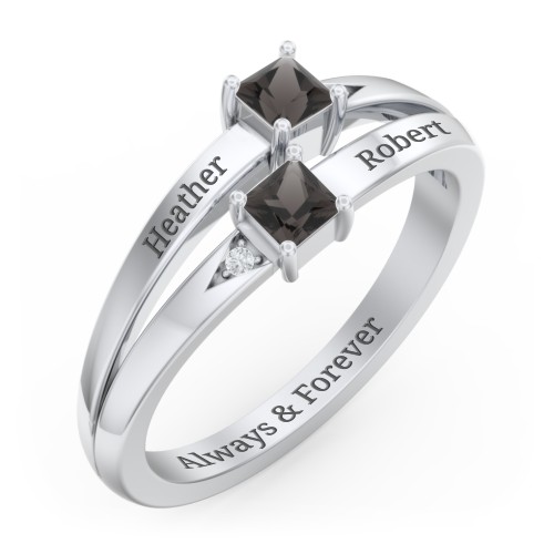 Two Stone Split Band Ring with Accents – Sterling Silver with Smokey Quartz and Cubic Zirconia