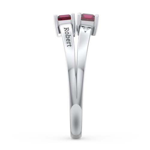 Two Stone Split Band Ring with Accents – Sterling Silver with Ruby and Cubic Zirconia