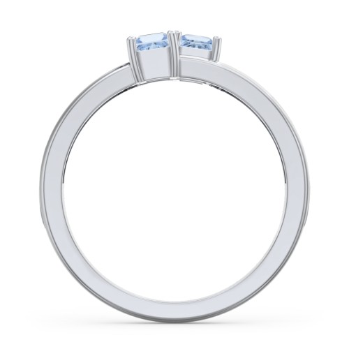 Two Stone Split Band Ring with Accents – Sterling Silver with Aquamarine and Cubic Zirconia
