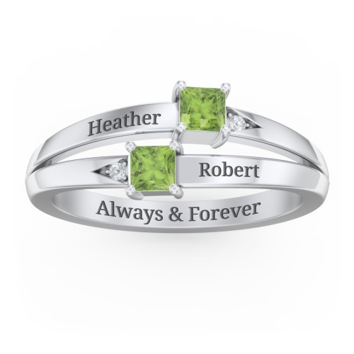 Two Stone Split Band Ring with Accents – Sterling Silver with Peridot and Cubic Zirconia