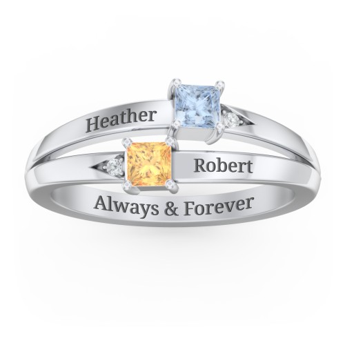 Two Stone Split Band Ring with Accents – Sterling Silver with Aquamarine, Citrine, and Cubic Zirconia