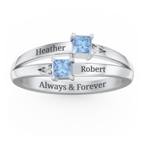 Two Stone Split Band Ring with Accents – Sterling Silver with Blue Topaz and Cubic Zirconia