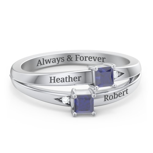 Two Stone Split Band Ring with Accents – Sterling Silver with Blue Sapphire and Cubic Zirconia