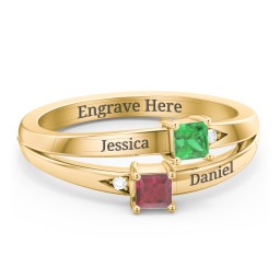 Two Stone Split Band Ring with Accents in 10K Solid Yellow Gold with Emerald and Ruby