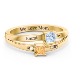 Two Stone Split Band Ring with Accents in 10K Solid Yellow Gold with Aquamarine and Citrine