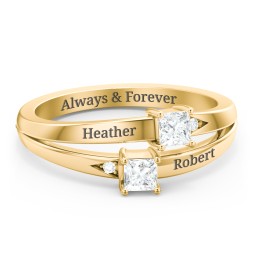 Two Stone Split Band Ring with Accents in 10K Solid Yellow Gold with Diamond