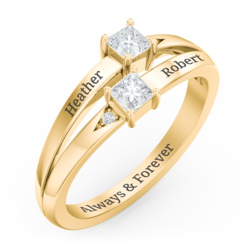Two Stone Split Band Ring with Accents – 10K Yellow Gold with Diamond and Cubic Zirconia