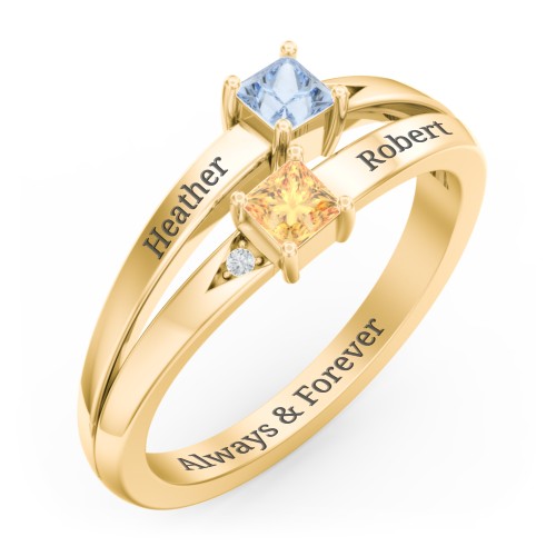 Two Stone Split Band Ring with Accents – 10K Yellow Gold with Aquamarine, Citrine, and Cubic Zirconia