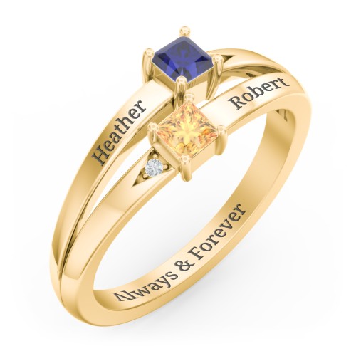 Two Stone Split Band Ring with Accents – 10K Yellow Gold with Blue Sapphire, Citrine, and Cubic Zirconia
