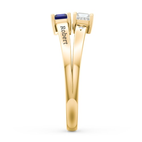 Two Stone Split Band Ring with Accents – 10K Yellow Gold with Cubic Zirconia and Blue Sapphire