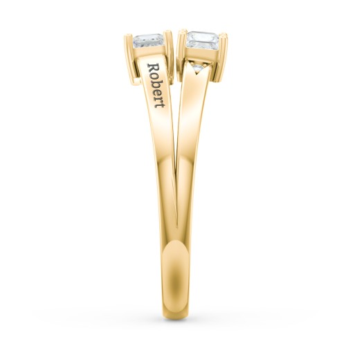 Two Stone Split Band Ring with Accents – 10K Yellow Gold with Diamond and Cubic Zirconia