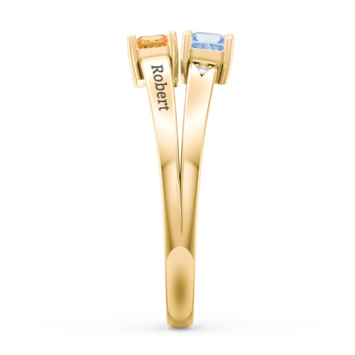 Two Stone Split Band Ring with Accents – 10K Yellow Gold with Aquamarine, Citrine, and Cubic Zirconia
