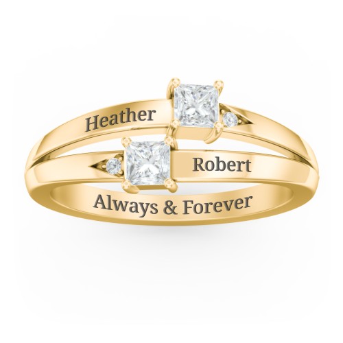 Two Stone Split Band Ring with Accents – 10K Yellow Gold with Diamond and Cubic Zirconia