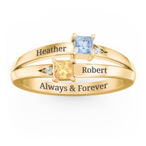 Two Stone Split Band Ring with Accents – 10K Yellow Gold with Aquamarine, Citrine, and Cubic Zirconia